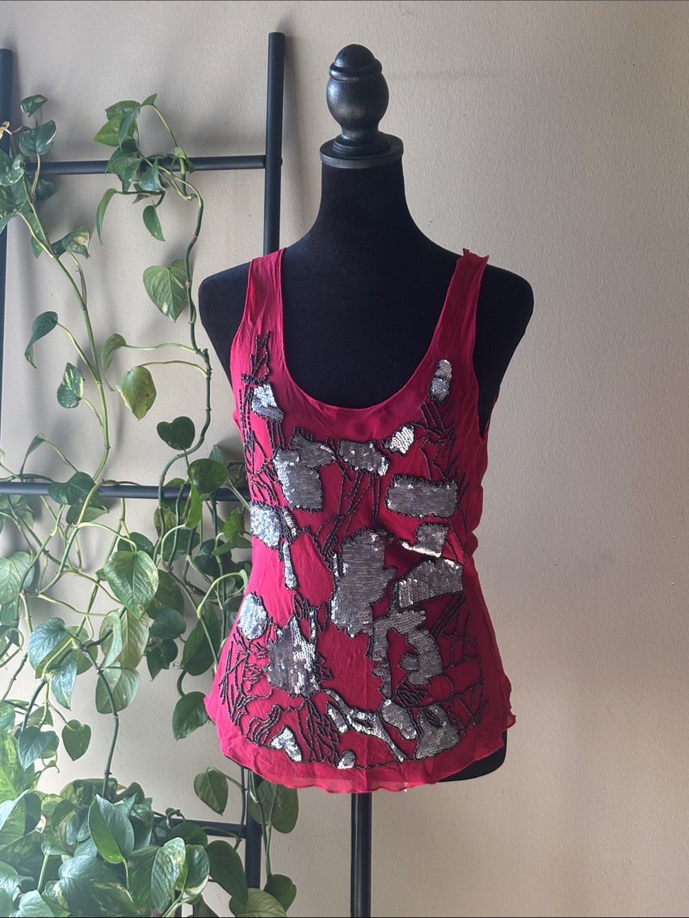 bebe Red Tank Top with Silver Sequin Floral Appliqué